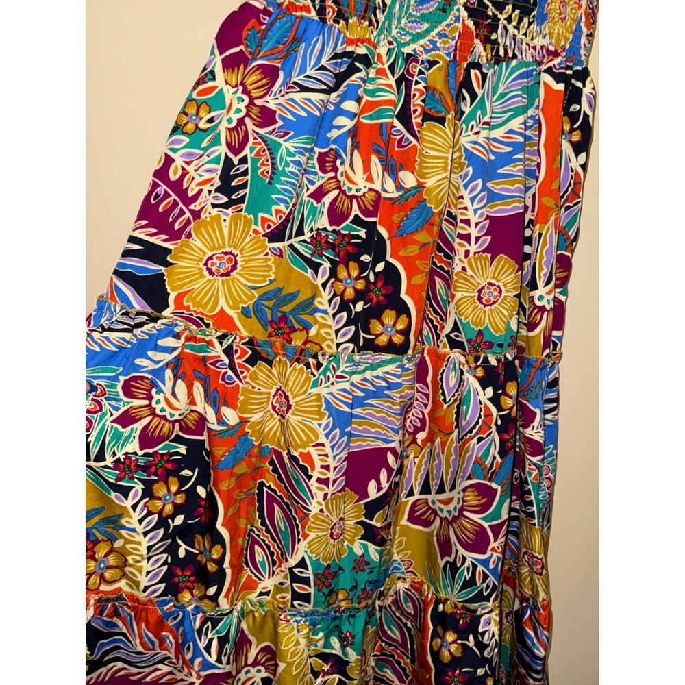 Women Boho Multi Color Floral Paisley Smock Tiered Midi Dress L Resort Festival - Picture 2 of 5